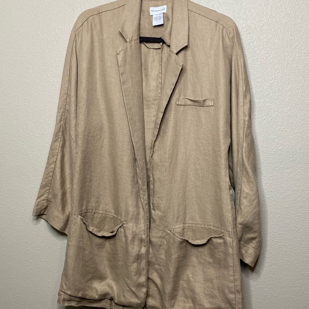 Soft Surroundings Blazer Women‎ S Tan 100% Linen Open Front Relaxed Pockets